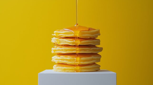 Perfectly stacked pancakes with golden syrup drip on a white pedestal