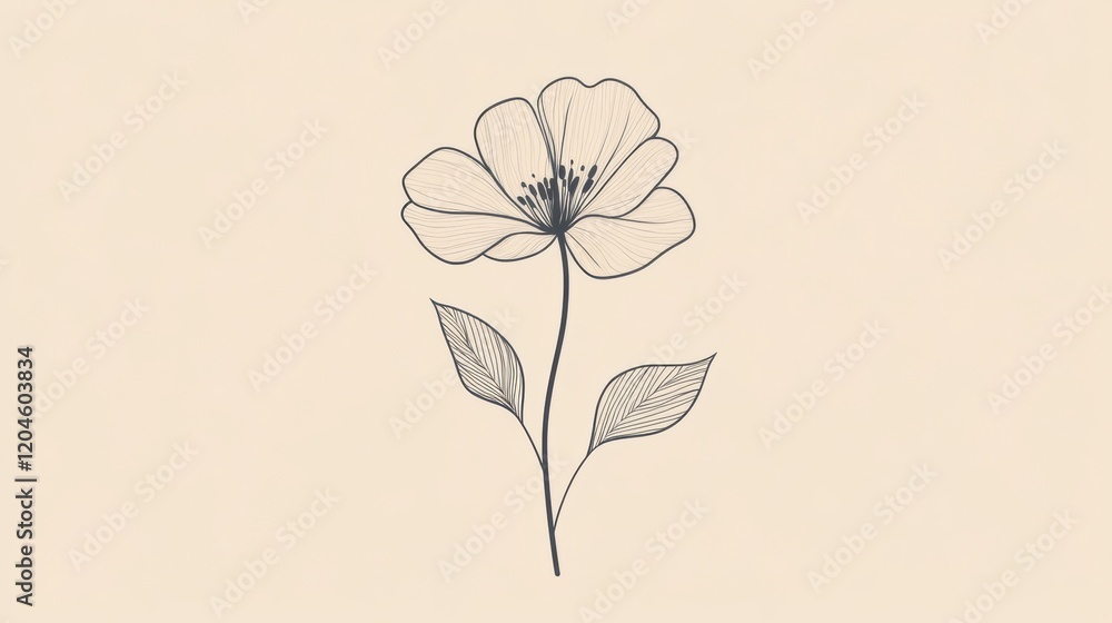 Poster delicate line drawing of a single flower with leaves on a soft background. generative ai