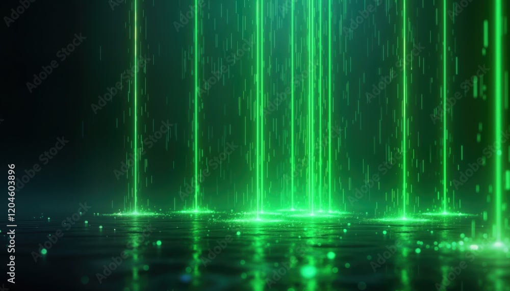 Poster neon green digital rain cascades on dark background. data flow in virtual reality tech concept. futu