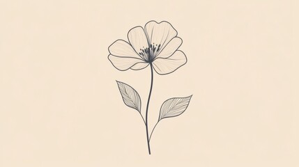 Naklejka premium Delicate line drawing of a single flower with leaves on a soft background. Generative AI