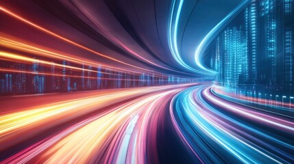 Fototapeta premium Futuristic Cityscape High Speed Light Trails and Neon City at Night