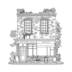 Vector, two story house, bar, restaurant, coloring book, outlines, linear, game, New Year display. Vector illustration