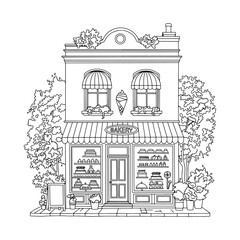 Outline linear drawing of a cute two story bakery house, cafe with pastries and cakes, designed as a coloring page. Vector illustration