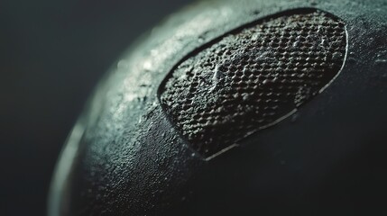 Close-up of a weathered, dark gray sphere with a textured, perforated detail.