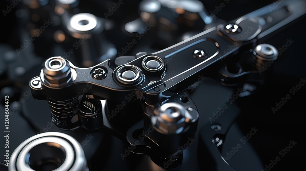 Poster close-up of intricate metallic mechanism, showcasing precision engineering and complex design detail