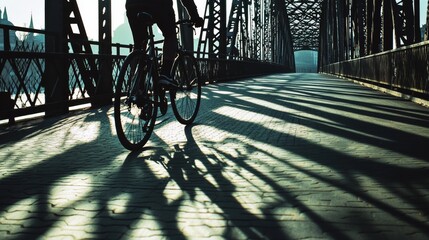 A cyclist rides confidently across a shadow-laden bridge, with strong lines and contrasting light creating a sense of motion and adventure.