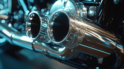 Naklejka premium Close-up of custom motorcycle exhaust pipes with intricate detailing.
