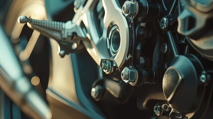 Close-up of motorcycle engine parts, showing intricate details of metallic components and bolts.