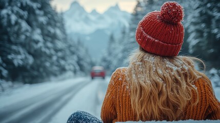 Winter Wonderland Escape: A Woman's Serene Moment in a Snowy Mountain Road