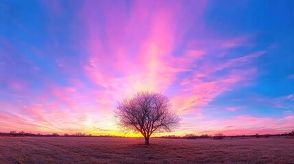 Lone tree silhouetted against vibrant sunset sky over field. Peaceful nature scene for desktop wallpaper