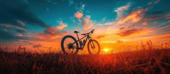 Mountain bike at sunset in field.