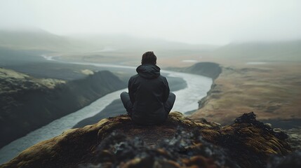 Person Meditates Overlooking Serpentine River Valley