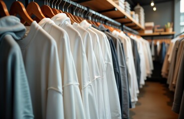 White sweatshirts, hoodies hang in shop. Clothes arranged on wooden hangers. Modern apparel display in retail store. Blank space for advertising. Store interior showcase. Stylish trendy clothing.