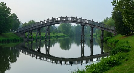 Arched wooden bridge over calm river.  Green grass park landscape.  Peaceful reflection.  Nature's beauty.