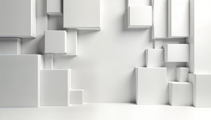 Abstract white 3D shapes create futuristic, minimal background. Geometric forms compose dynamic visual structure. Shapes arranged in architectural composition. Abstract 3D render offers plenty of
