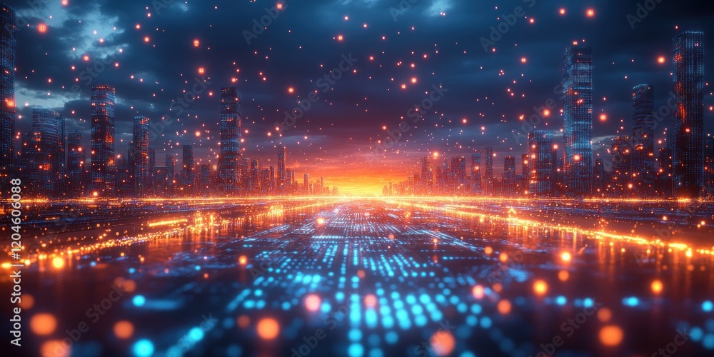 Poster futuristic cityscape with neon lights and digital data streams in motion