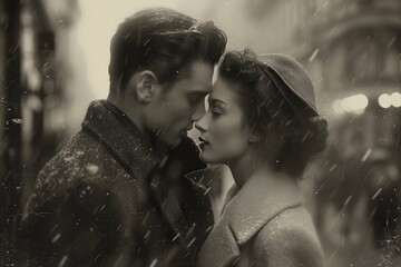 Romantic young couple kissing in city street. Old retro black and white monochrome photo, 1970s 1980s style. Vintage dust and noise effect. Valentine's Day, anniversary, love