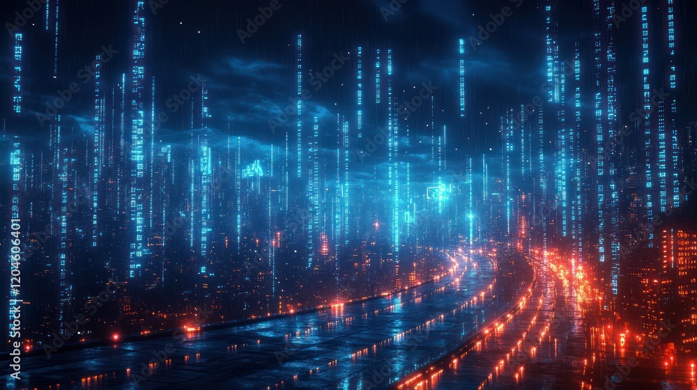 Aufkleber futuristic cyberpunk digital landscape with cascading binary code illuminated by neon lights