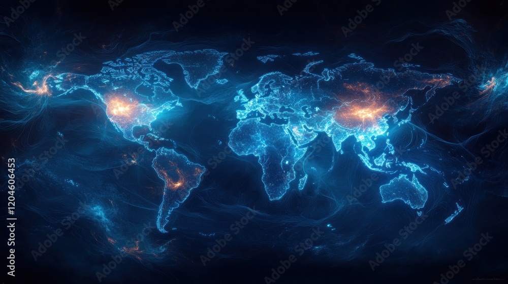 Aufkleber futuristic digital world map with glowing data flow in cyberpunk style
