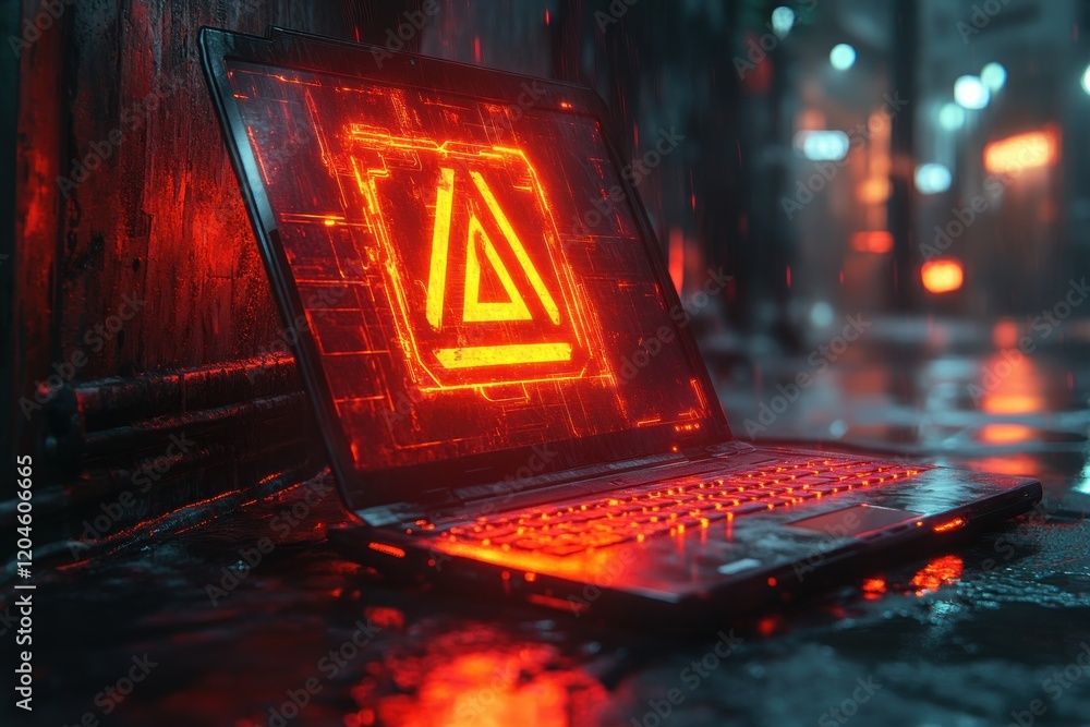 Poster 3d rendering of laptop with glowing breach alert symbol concept of cybersecurity and data privacy