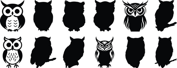 Owl silhouettes set, bird pack of vector silhouette design, isolated background