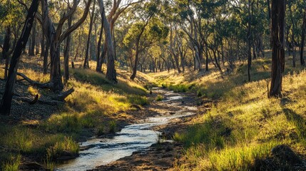 Fototapeta premium Serene Creek in Golden Hour Sunlight