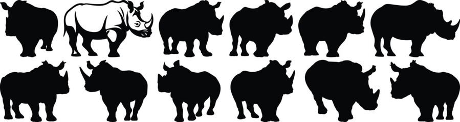 Rhino silhouettes set, rhinoceros pack of vector silhouette design, isolated background