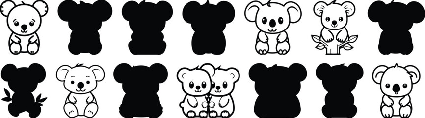 Koala silhouettes set, animal pack of vector silhouette design, isolated background