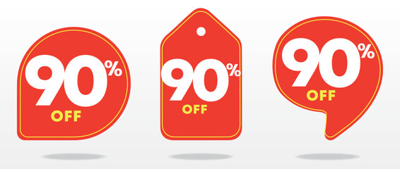 90% off. Tag sticker, value, offer, price. Set, promo, discount, shop, e-commerce. Business, sale, red balloon, sign. Ads, marketing, social. Poster, vector, icon, coupon