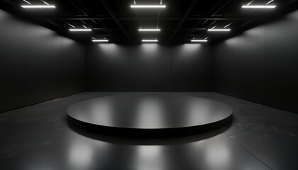 Dark studio space. Circular platform in center. Bright lights reflect. Minimalist design. Modern, futuristic tech style. Ideal for product presentation. Empty room. Powerful, modern, clean digital