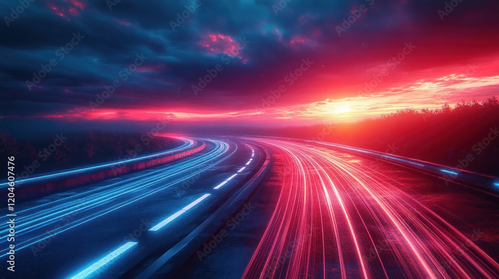 Aufkleber futuristic abstract fast moving lines with glowing light flare and motion blur in cyberpunk style
