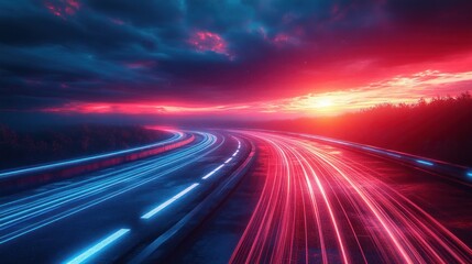 Futuristic Abstract Fast Moving Lines with Glowing Light Flare and Motion Blur in Cyberpunk Style