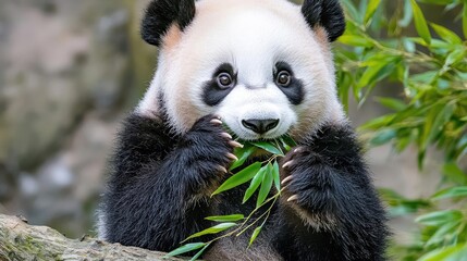 Panda cub eating bamboo in enclosure.  Zoo background, nature image