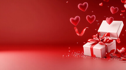 valentine day, Love concept, open gift box 3d hearts and romantic valentine decorations, pastel red color background,Generative ai