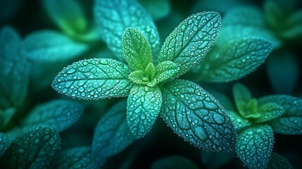 Dew Covered Mint Leaves Close Up Photography