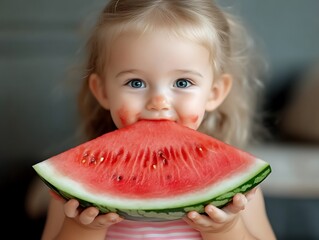 Toddler Joyfully Devouring Juicy Watermelon Slice: A Sweet Summer Portrait