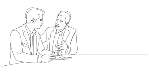 Two people work together  in office line art style vector illustration