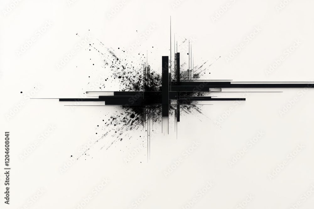Aufkleber Abstract black design with linear elements and splashes on a white background creates a modern artistic expression. Generative AI
