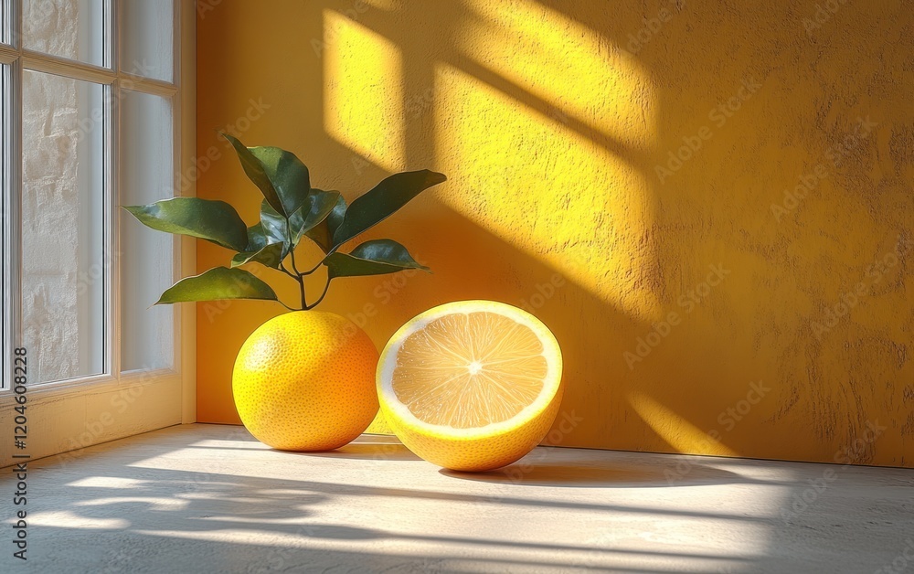 Poster yellow background abstract design with tropical leaf shadow for modern product display