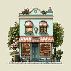 Vector colorful cute two story bakery house with shop windows, cakes, and pastries. Vector illustration