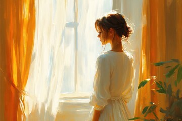 Happy traveler enjoying vacation in hotel room with luggage and hat near window with sunlit curtains