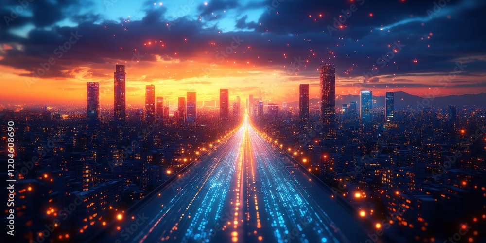 Aufkleber futuristic cityscape with neon lights and data streams in high speed network and virtual reality