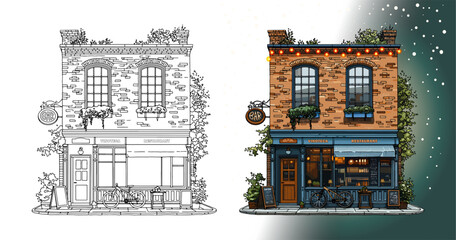 Vector, two story house, bar, restaurant, coloring book, outlines, linear, game, New Year display. Vector illustration