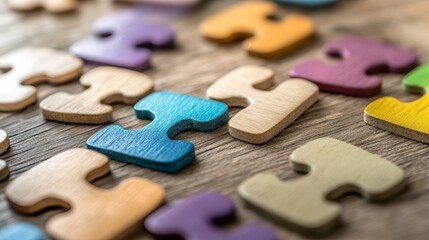 Colorful Wooden Puzzle Pieces on Wood Background