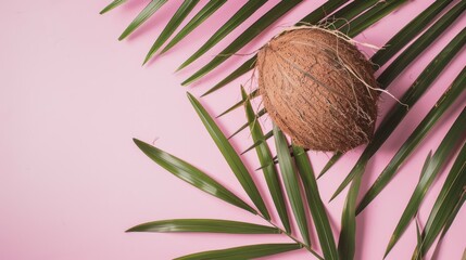 Coconut with palm leaves on pink background.
