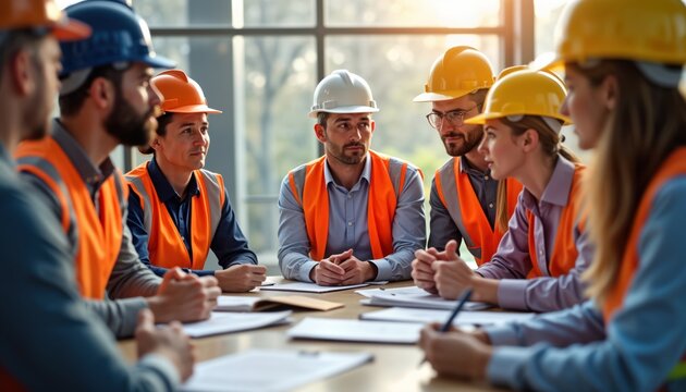 Safety committee members review workplace safety policies in meeting. Team discusses policies, revisions in office. Construction workers, architects, engineers participate in teamwork. Documents,