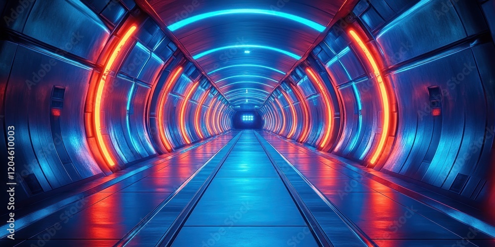 Poster futuristic cyberpunk corridor neon lights shadows perspective tunnel space 3d render
