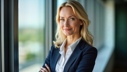 Obraz premium Confident woman stands by window in modern office. Pro, successful executive. Poised, stylish businesswoman with blonde hair looks ahead with slight smile. Picture of success, career. Modern, elegant