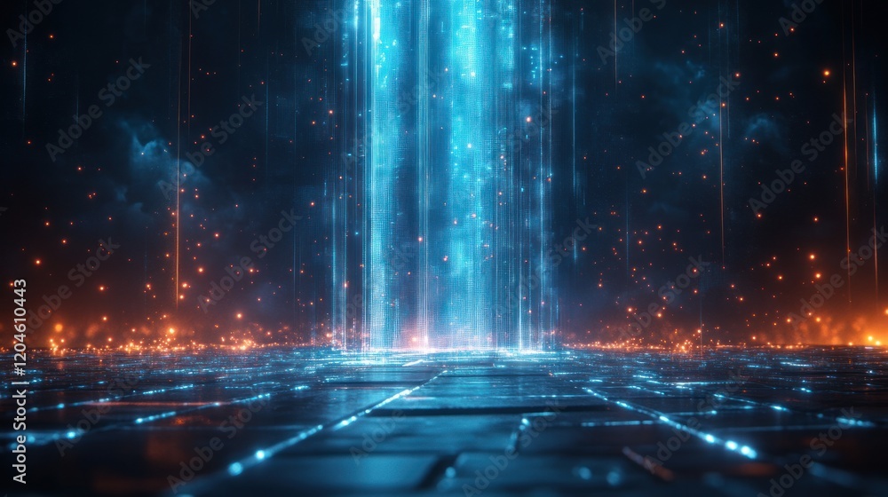 Poster futuristic digital landscape with glowing blue light beams and intricate grid patterns for cybersecu