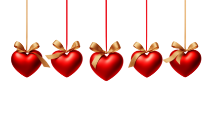 Five Red Hearts with Gold Bows Hanging for Valentines Day